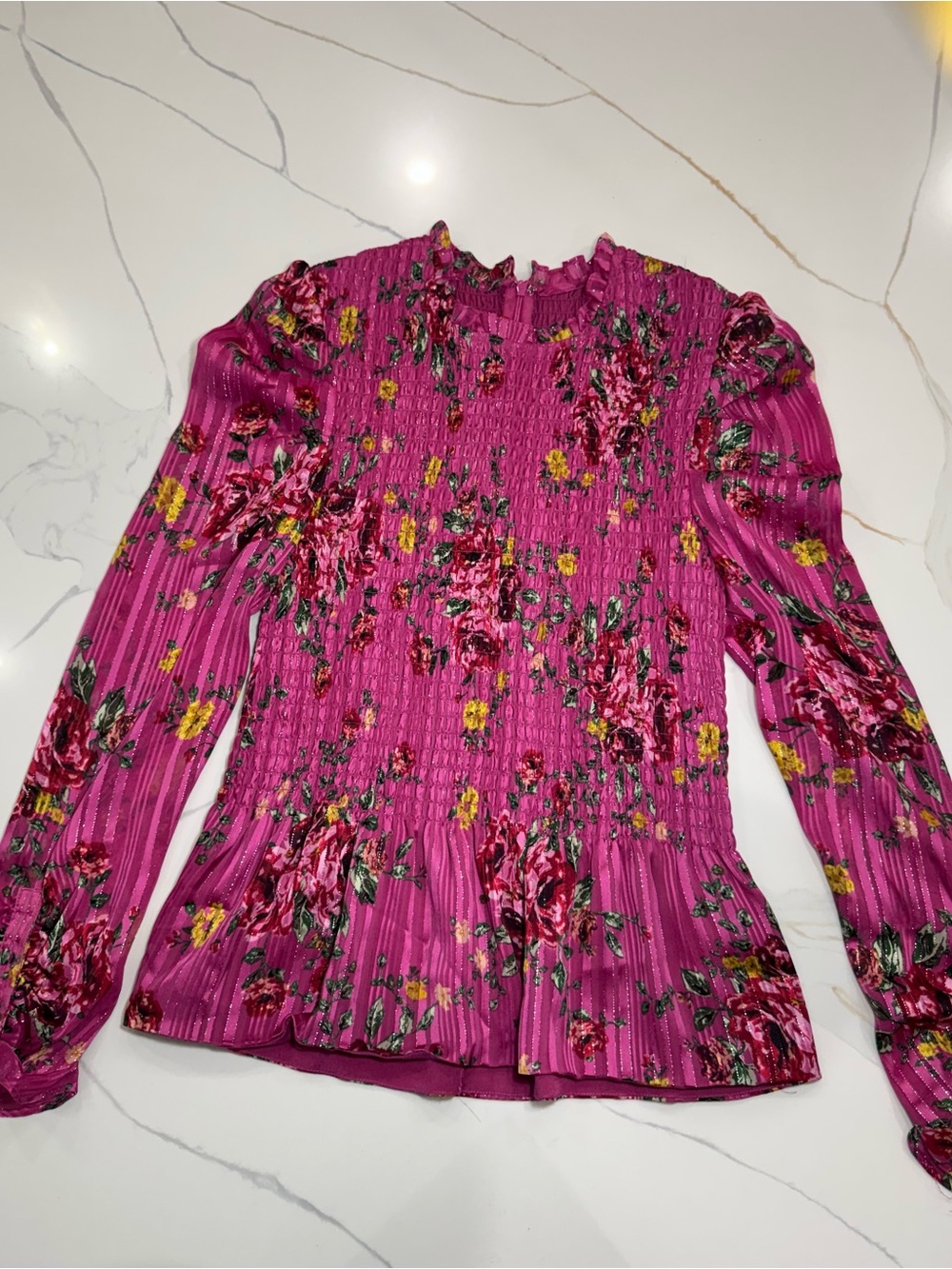 WAYF Fuchsia Floral Smocked Long-Sleeve Blouse